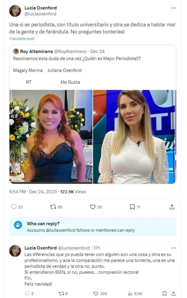 Lucía Oxenford sacó cara por su hermana Juliana y criticó a Magaly Medina en Twitter.