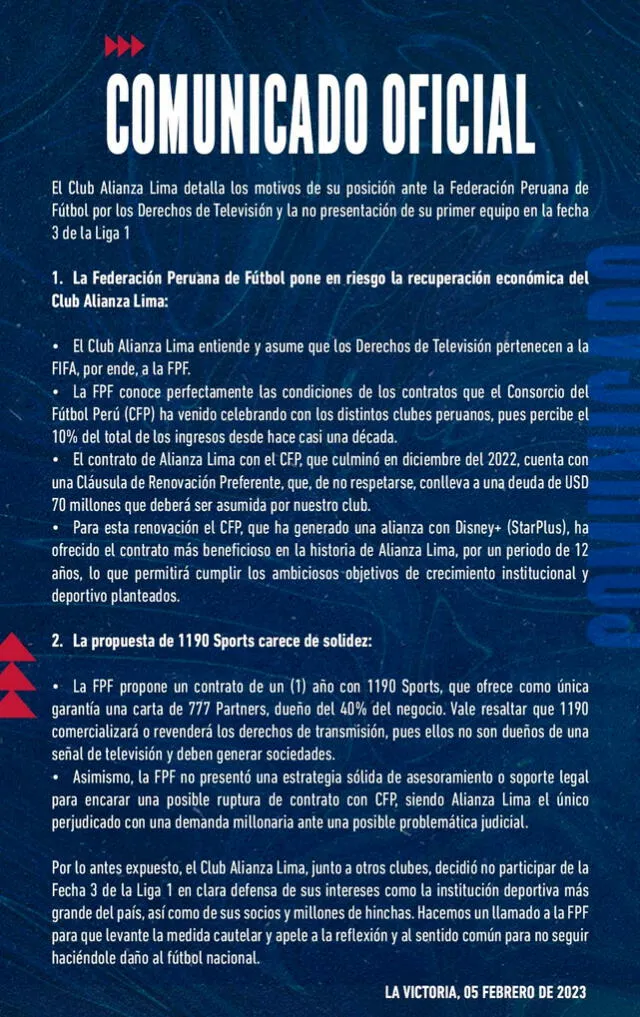 Alianza Lima emitió comunicado tras perder por walkover. / Imagen: Twitter. 