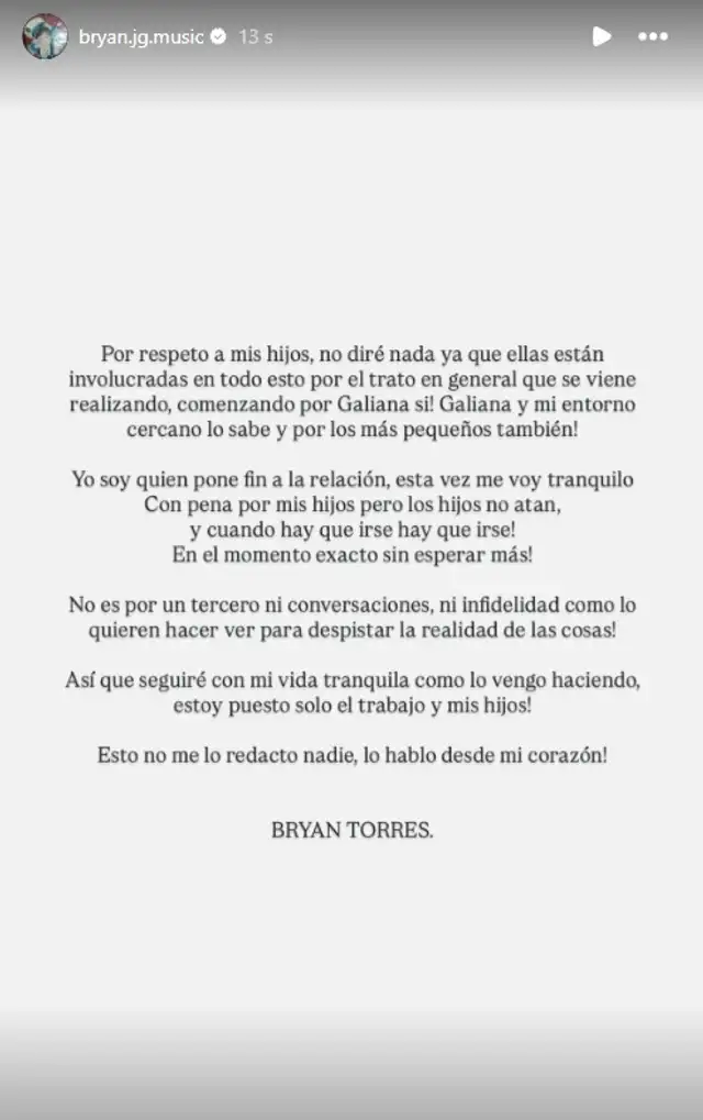 <em>Comunicado de Bryan Torres revelando el motivo detrás de su ruptura con Samahara Lobatón. Captura: Instagram</em> <em>Comunicado de Bryan Torres revelando el motivo detrás de su ruptura con Samahara Lobatón. Captura: Instagram</em>