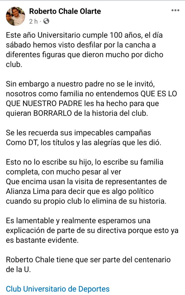 Mensaje de la familia de Roberto Chale. / Foto: Facebook.   