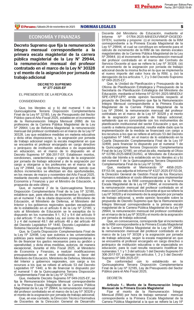 Decreto Supremo N°277-2025-EF que establece el aumento de sueldo para docentes nombrados y contratados durante el 2026.
