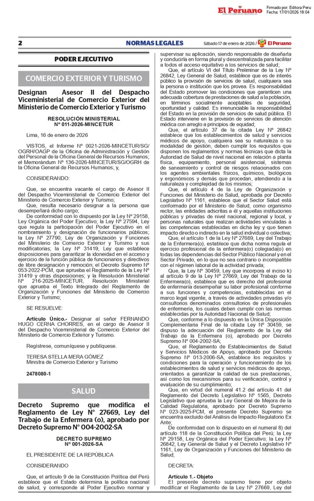 Decreto Supremo N° 001-2026-SA.