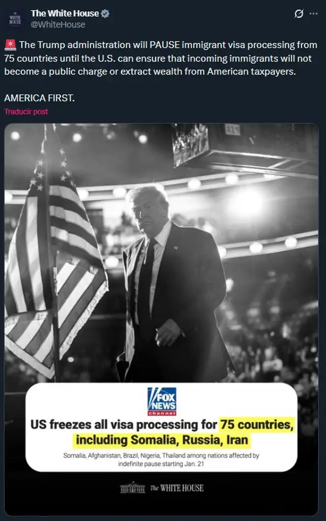 <strong>La Casa Blanca se pronuncia ante el aviso del congelamiento de visas por parte de Estados Unidos</strong>   