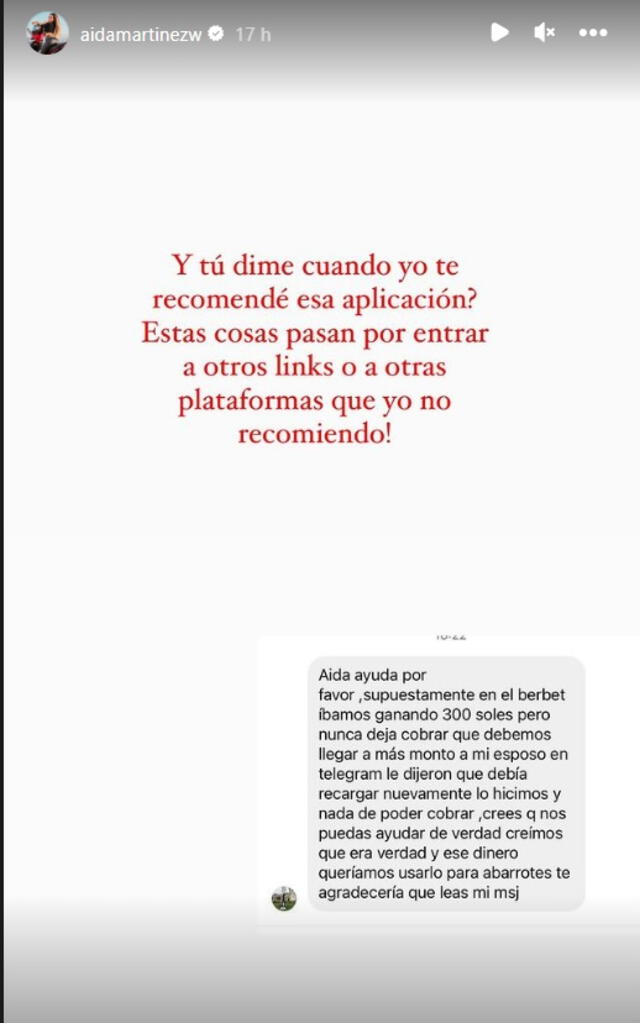 Aída Martínez hace caso omiso a pedido de ayuda de usuaria en Instagram. 