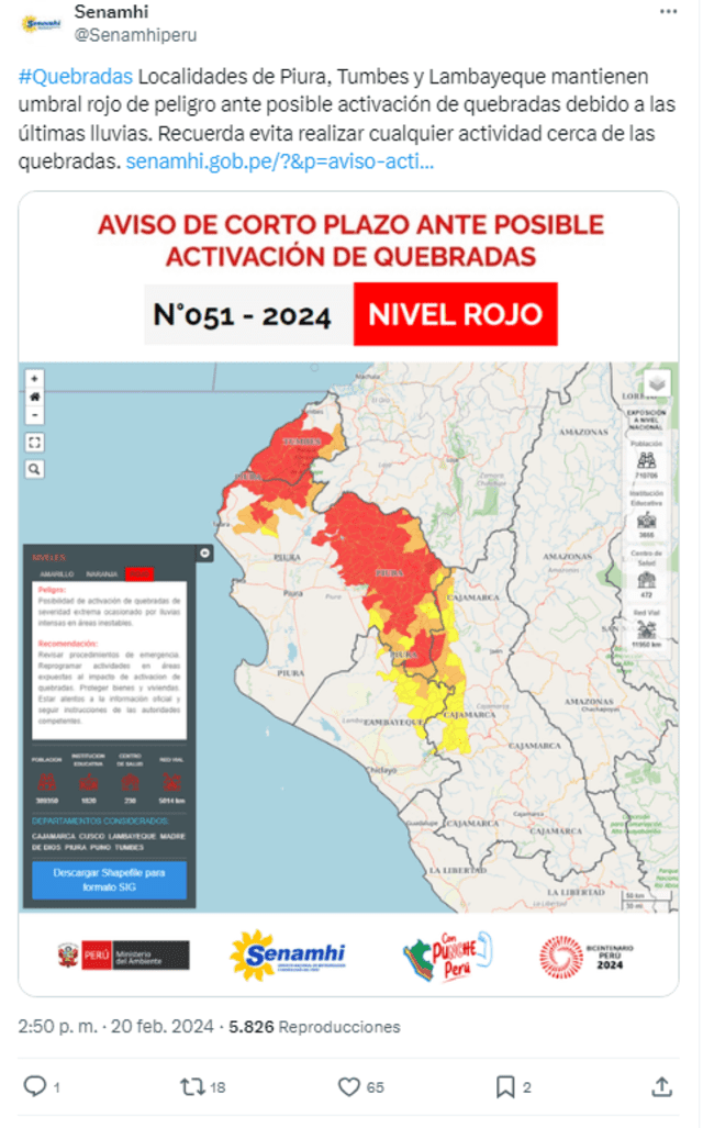 Advierten que activación de quebradas afectaría a más de 300 mil personas.