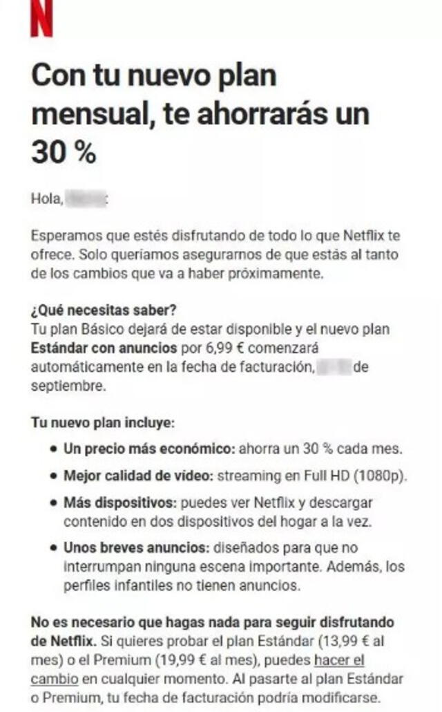  Información sobre la eliminación del plan básico. Foto: Netflix   