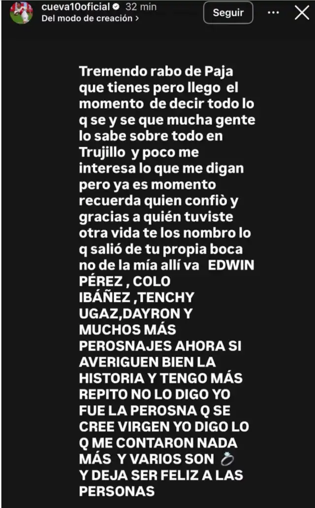 Cueva envía sorpresivo mensaje. Foto: Instagram.   
