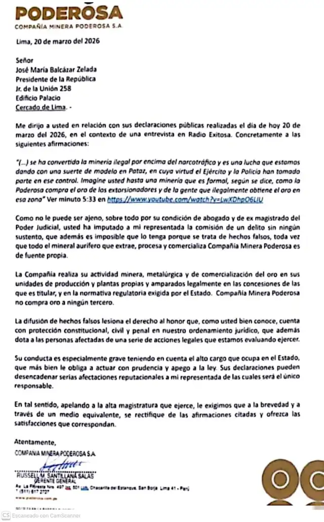 Minera Poderosa responde con todo: Exige pruebas a José Balcázar tras señalar compra de oro ilegal.