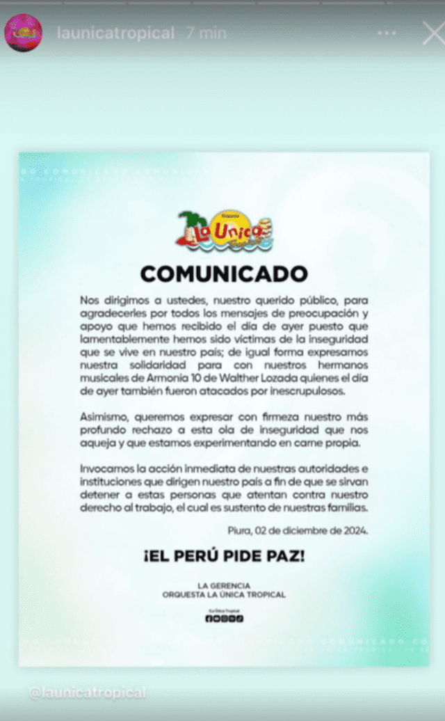  <strong>El comunicado de La Única Tropical tras atentados a su bus y al de Armonía 10.</strong>   