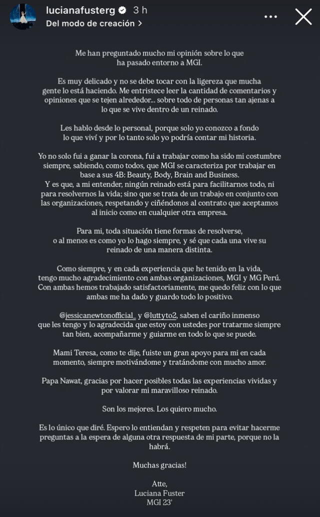 <em>Luciana Fuster lanza comunicado a favor del MGI. Captura: Instagram</em> <em>Luciana Fuster lanza comunicado a favor del MGI. Captura: Instagram</em>