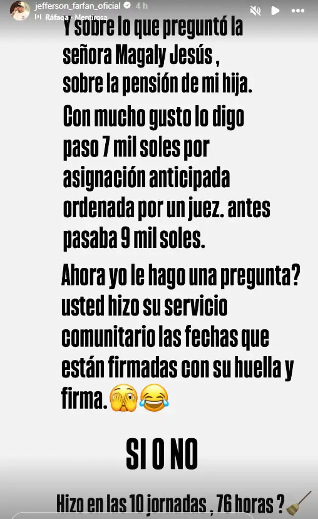 Jefferson Farfán revelando la suma que le da a Darinka Ramírez como pensión. Foto: Instagram.  