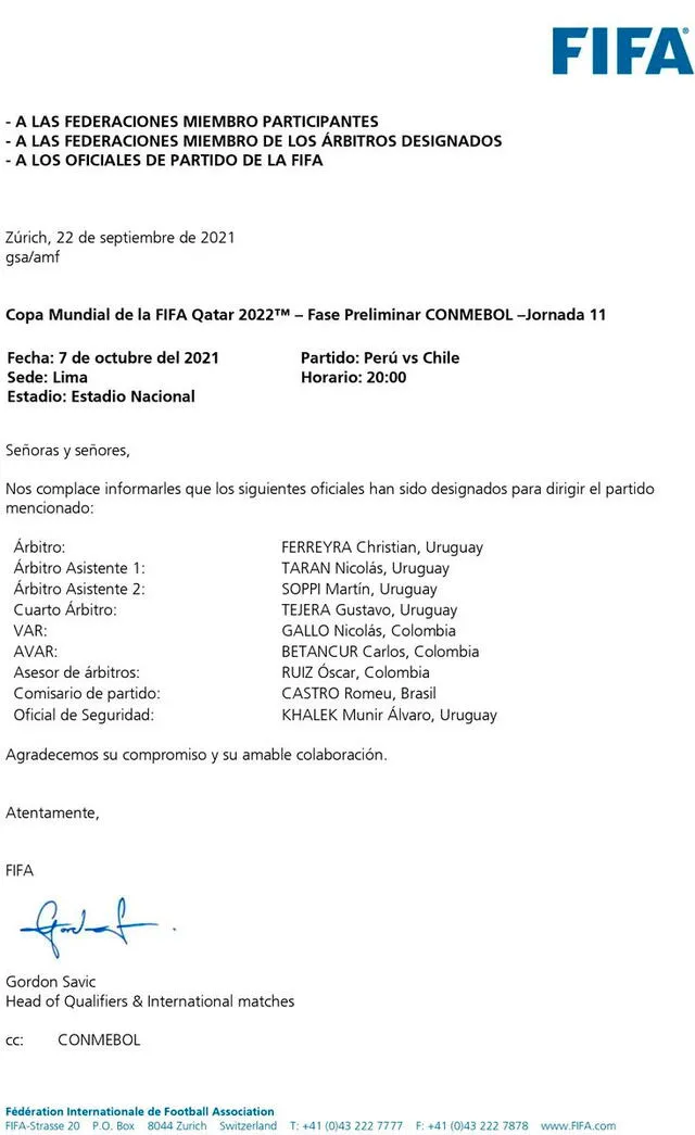 Lista de árbitros para el Perú vs. Chile. | FUENTE: FIFA.   
