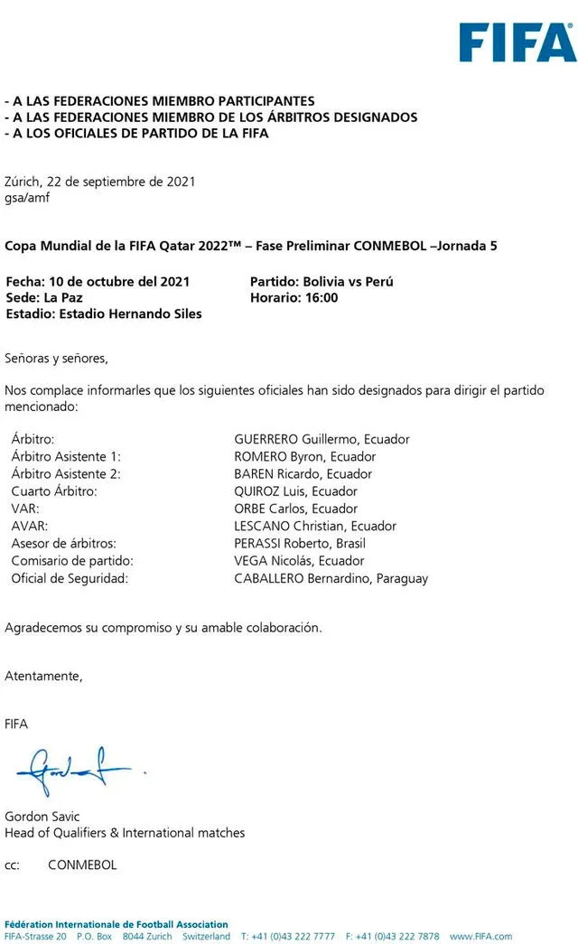 Lista de árbitros para el Bolivia vs. Perú. | FUENTE: FIFA.   