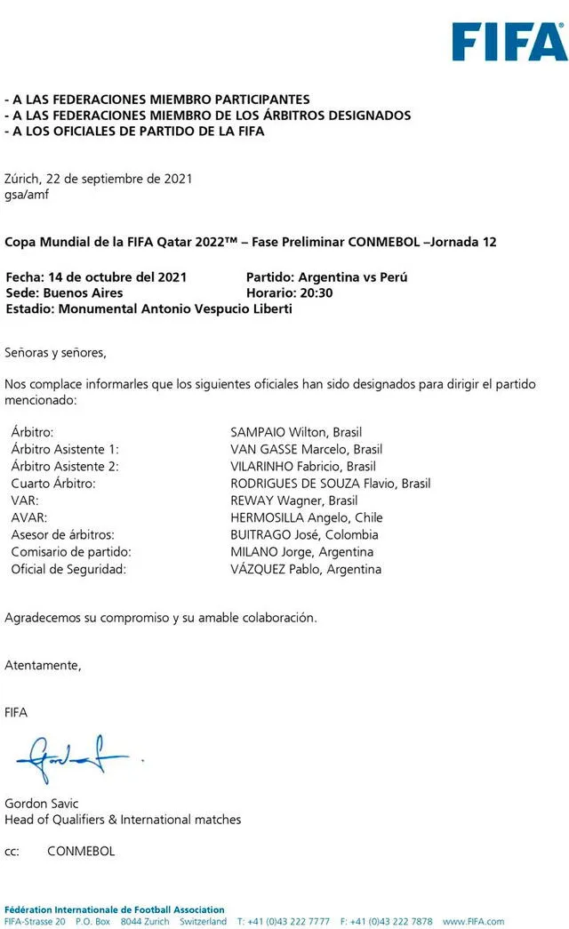 Lista de árbitros para el partido Argentina vs. Perú. | FUENTE: FIFA. 