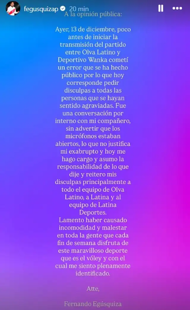 Mensaje de Fernando Egúsquiza tras insultar a jugadoras. Foto: Instagram/Fegusquizap Mensaje de Fernando Egúsquiza tras insultar a jugadoras. Foto: Instagram/Fegusquizap