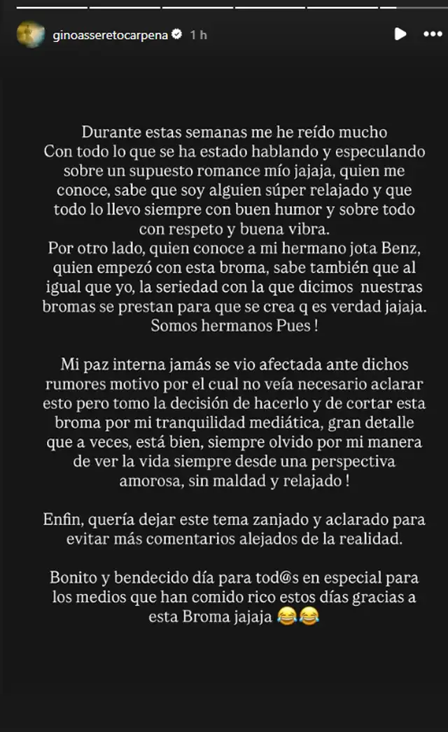 <em> Gino Assereto lanza comunicado sobre 'romance' con Valentino. Foto: Instagram<br></em>   