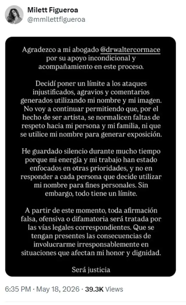 Milett Figueroa ROMPE SU SILENCIO y anuncia DEMANDA tras ataques contra su familia. Milett Figueroa ROMPE SU SILENCIO y anuncia DEMANDA tras ataques contra su familia.