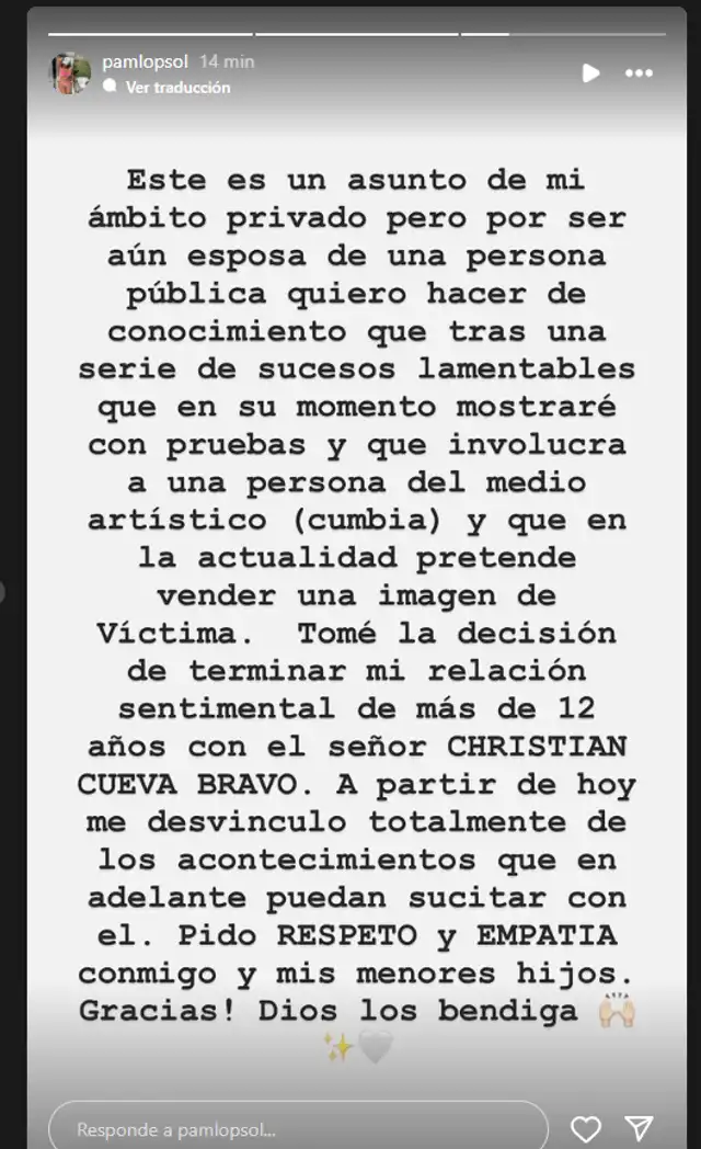 Pamela López envió un comunnicado en sus redes sociales. foto: Instagram