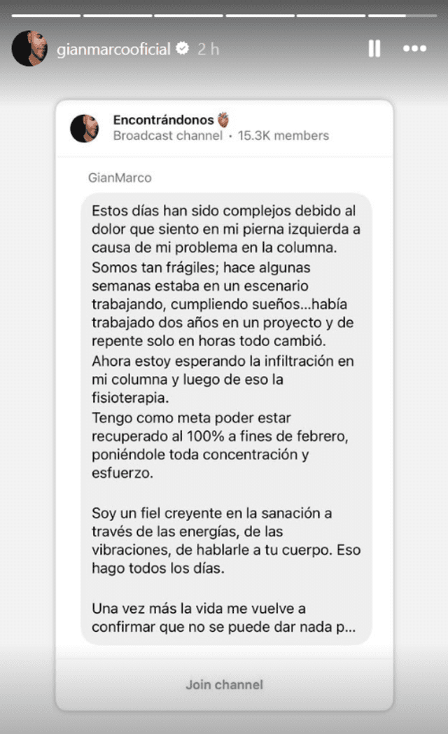 GianMarco explica cómo se encuentra de salud tras lesión en la columna.  