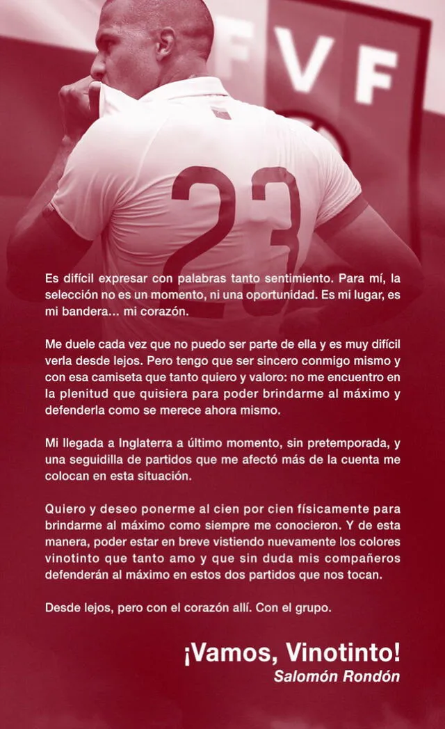 Salomón Rondón escribió de pulo y letra una carta para explicar sus sensaciones al no estar en el Venezuela vs. Perú. | FUENTE: Twitter. 