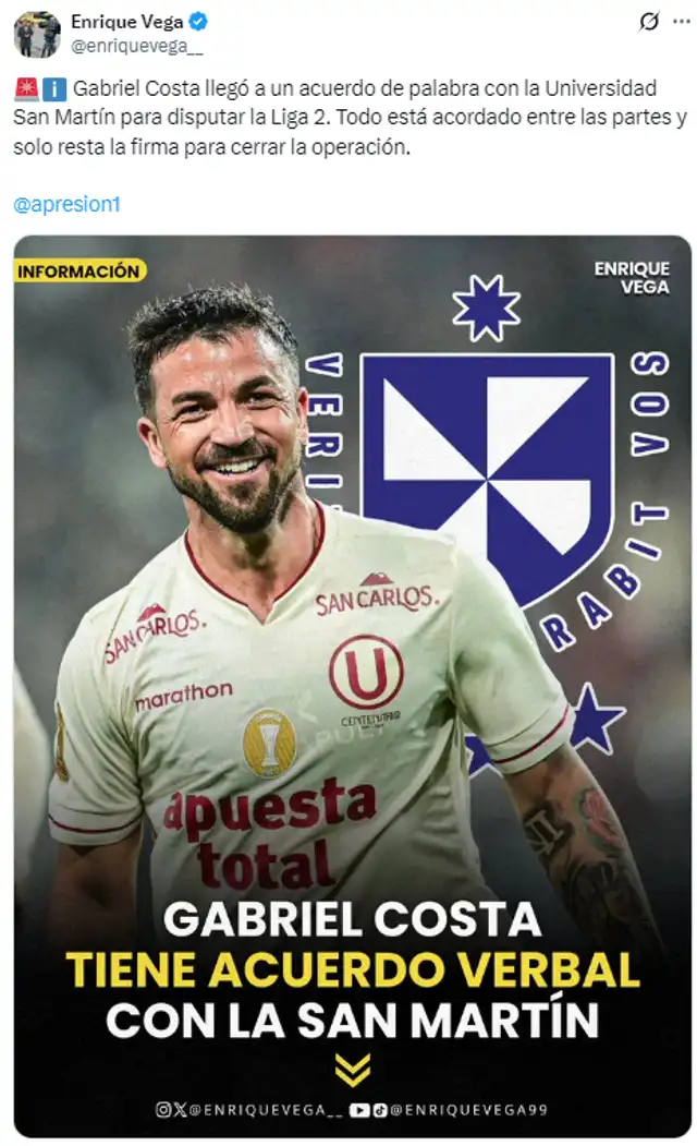 Gabriel Costa jugará en la USMP. Foto: X/Enrique Vega 