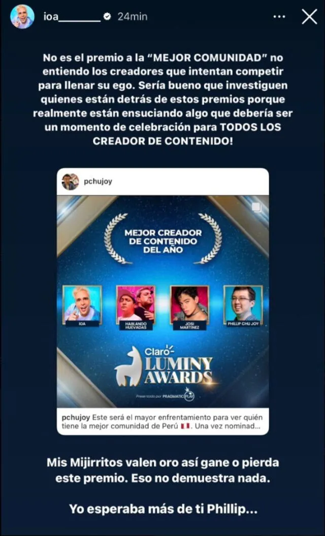 IOA arremete en Instagram contra Phillip Chu Joy.   