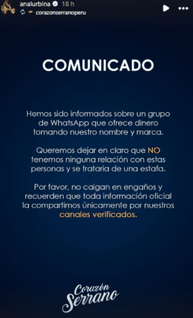 <em>Corazón Serrano lanzó advertencia a fans. Captura: Instagram</em>   