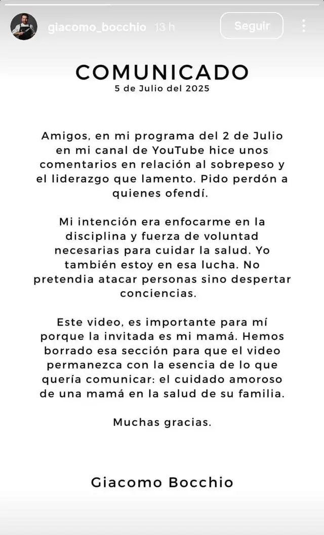 Giacomo Bocchio emite un comunicado tras comentario desatinado sobre el peso.
