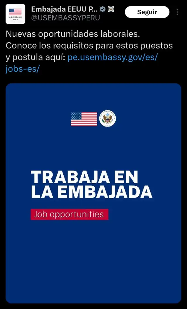 La Embajada de EE. UU. abre vacantes en Perú con sueldos competitivos.