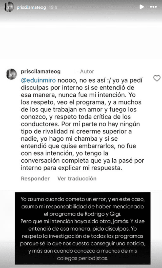 <em>Priscila Mateo responde a Rodrigo González. Captura: Instagram</em>   