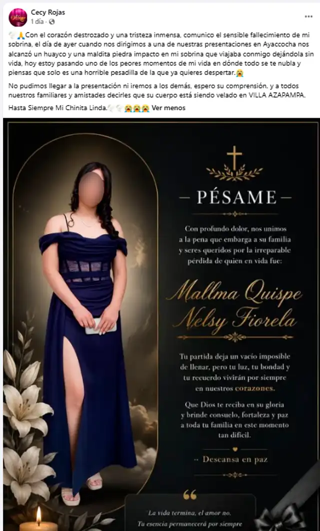 Fallece sobrina de querida cantante folclórica Cecy Rojas por fuerte caída de un huaico