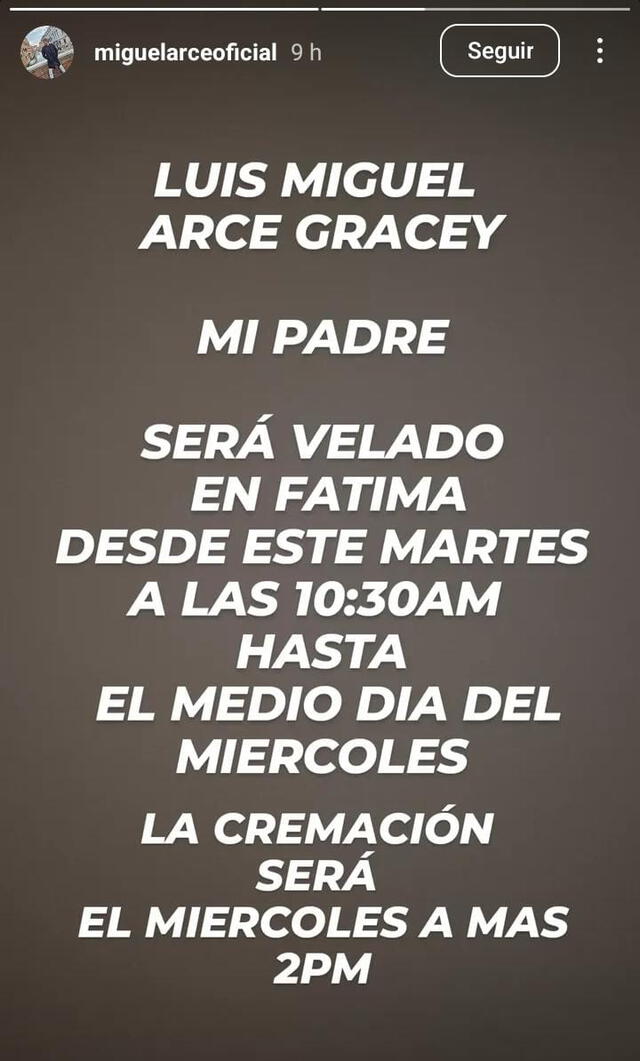 Miguel Arce informó sobre el velatorio de su padre. Miguel Arce informó sobre el velatorio de su padre.