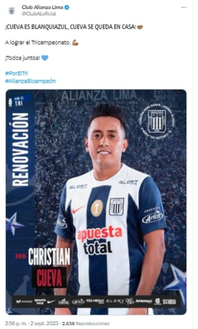 Publicación de Alianza Lima, confirmando la renovación de Cueva. | Captura de pantalla.   