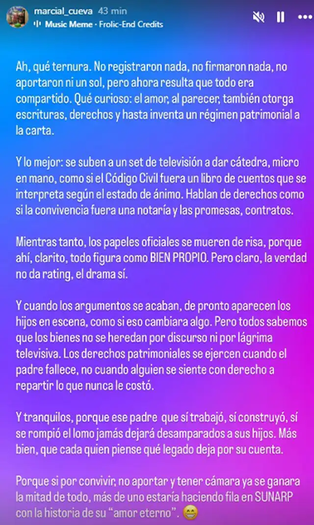  Marcial Cueva le lanzó una fuerte publicación contra Pamela López. Foto: Instagram   