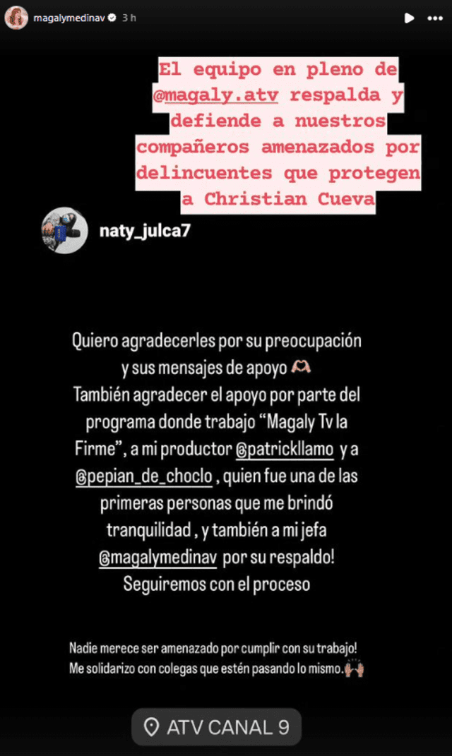 <em>Reportera Nathaly Julca agradeció a Magaly Medina por su apoyo. Captura: Instagram</em>   