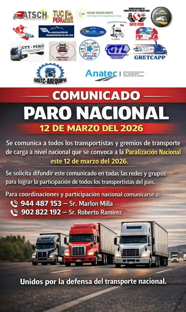 Gremios de transporte anuncian paro nacional para este 12 de marzo