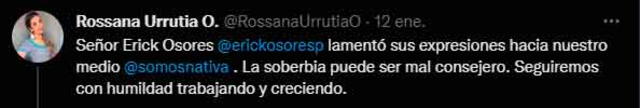 La presidenta de Nativa le respondió a Erick Osores. / Imagen: Twitter.   