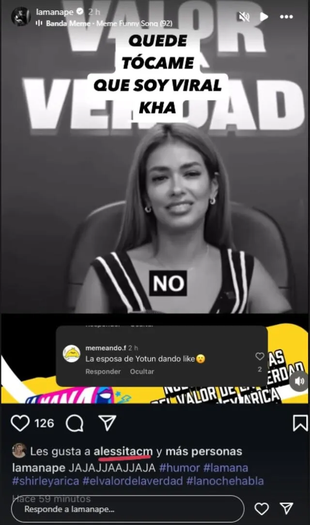 Alessandra Cordero, esposa de Yotún, le da me gusta a los videos sobre Shirley Arica