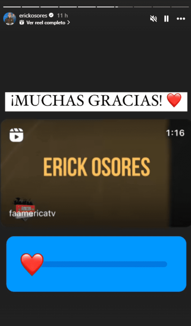 Erick Osores agradece el video de bienvenida de Fútbol en América. Foto: Instagram/Captura de pantalla