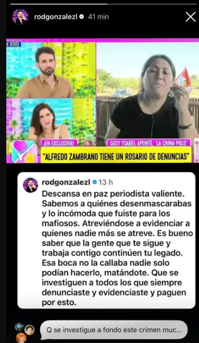 Rodrigo González 'Peluchín' EXIGE justicia tras ASESINATO de la periodista ‘La China Polo’: “Sabemos a quiénes desenmascarabas” Rodrigo González 'Peluchín' EXIGE justicia tras ASESINATO de la periodista ‘La China Polo’: “Sabemos a quiénes desenmascarabas”
