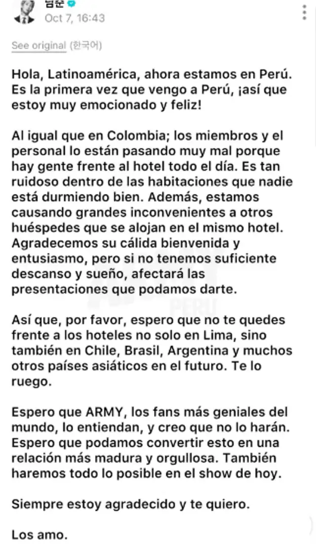 Namjoon hace pedido a fans antes de los conciertos de BTS.