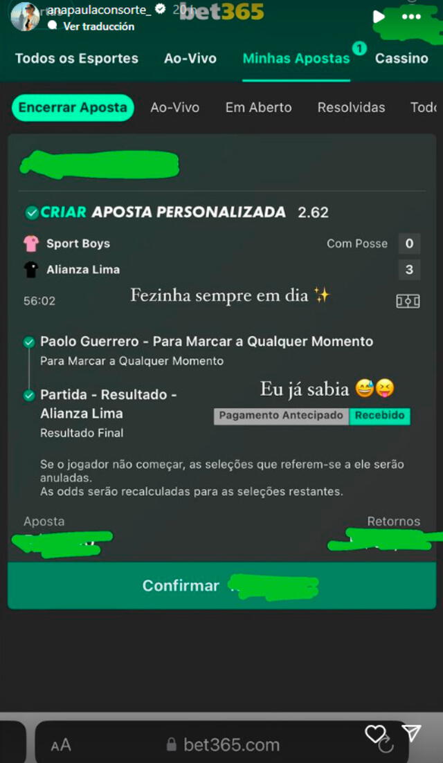 Ana Paula Consorte apostó por el gol de Paolo Guerrero. / Foto: Instagram.   