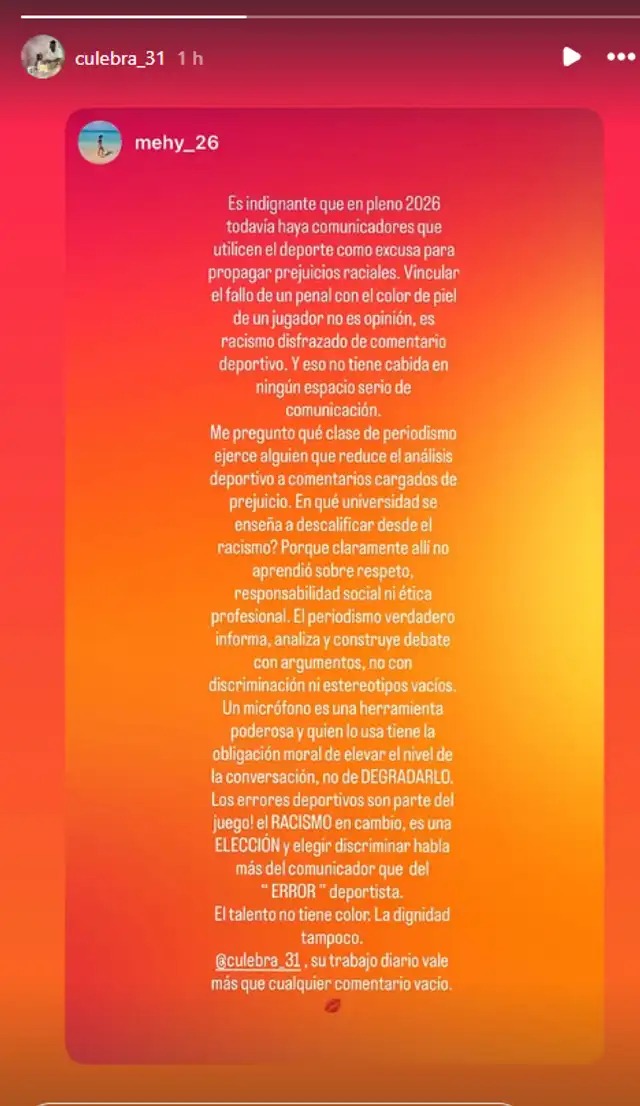 Pronunciamiento de Melissa Mosquera. Foto: Instagram   