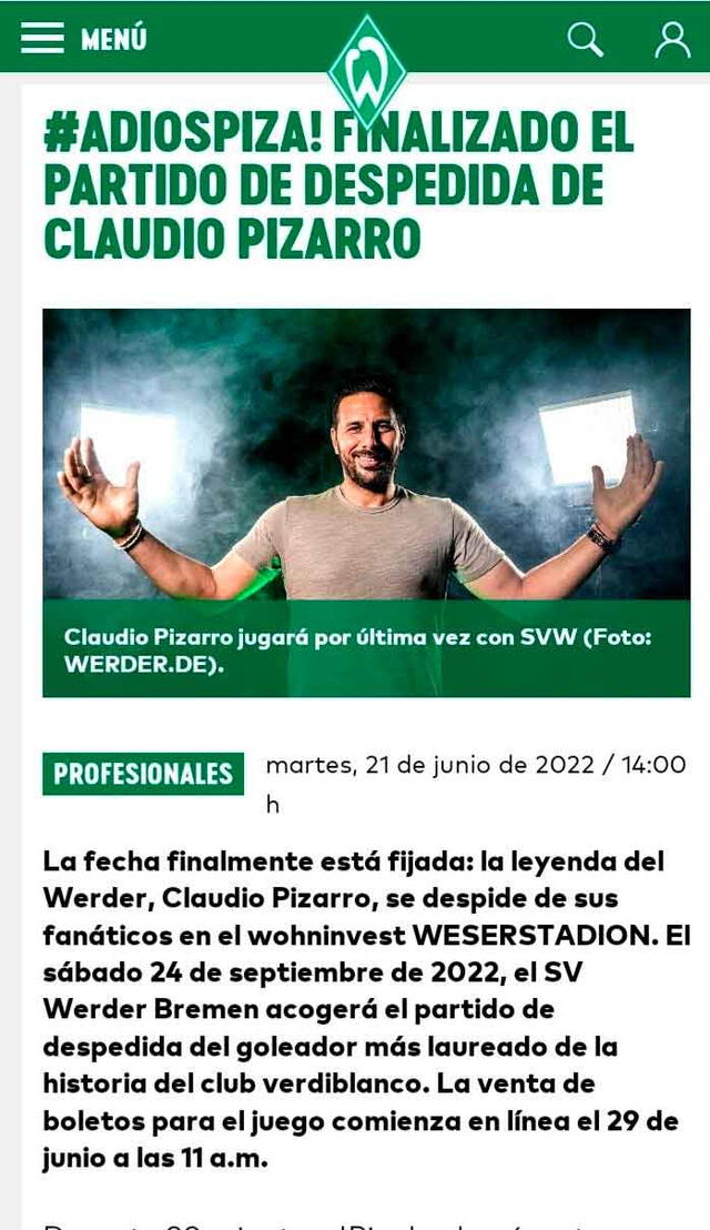 Werder Bremen confirmó el partido de despedida de Claudio Pizarro. / FUENTE: Internet. 