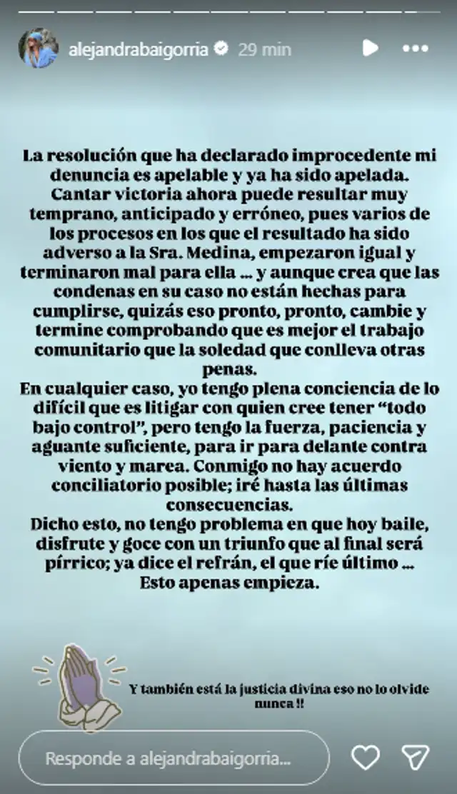 Alejandra Baigorria apelará decisión del Poder Judicial sobre denuncia contra Magaly Medina. Alejandra Baigorria apelará decisión del Poder Judicial sobre denuncia contra Magaly Medina.
