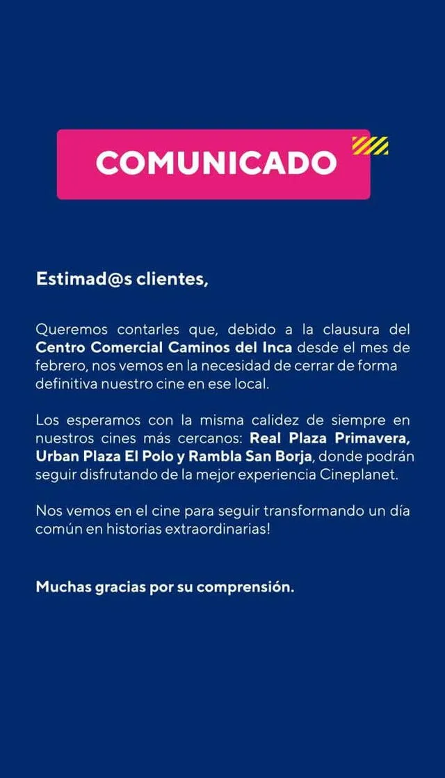 Comunicado oficial. Foto: Cineplanet Comunicado oficial. Foto: Cineplanet