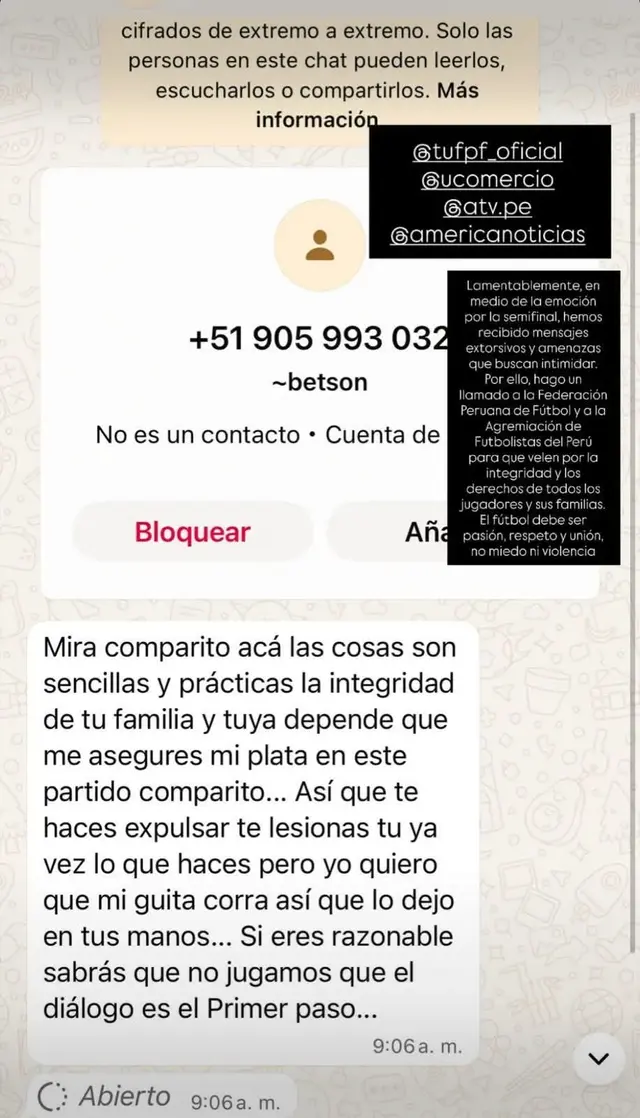  Mensaje extorsivo contra Renzo Figueroa. Foto: captura de Renzo Figueroa/Instagram   
