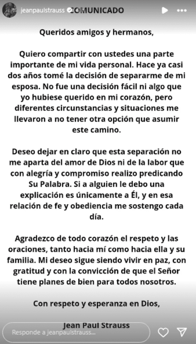 <em>Jean Paul Strauss sorprende con comunicado. Captura: Instagram</em> <em>Jean Paul Strauss sorprende con comunicado. Captura: Instagram</em>