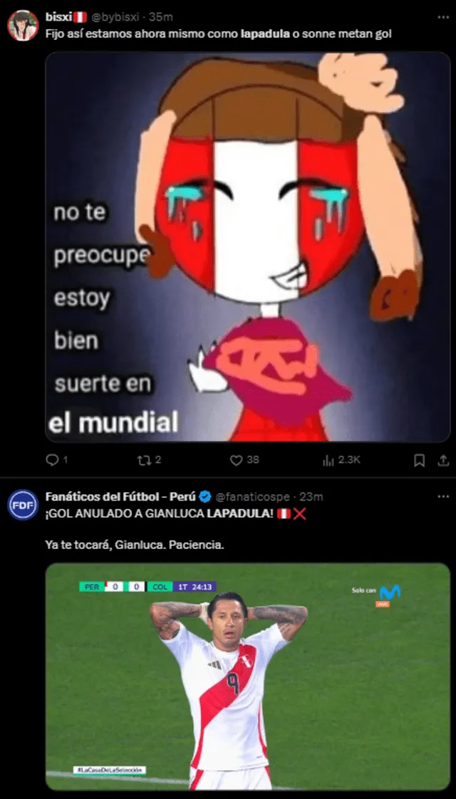 Anulan el gol de Gianluca Lapadula ante Colombia y peruanos sacan memes. Foto: X/Captura de pantalla