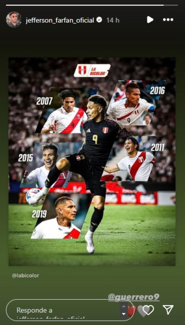 Publicación de Jefferson Farfán sobre Paolo Guerrero tras lograr récord en la Copa América 2024.